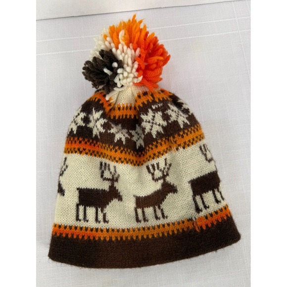 Beanie Knit Hat Pom Pom Brown Orange Cream Moose Nordic‎ Winter - Picture 1 of 7